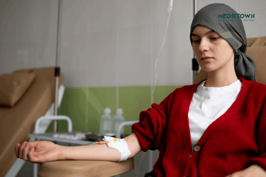 Cancer patient sitting on bed hospital