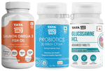 Combo Pack of Tata 1mg Glucosamine HCL 1500 mg Advanced Tablet (60),Salmon Omega 3 Fish Oil Advanced Capsule (60) & Probiotics 30 Billion CFUs+ Capsule (60)