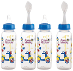 BeeBaby 2 in 1 Gentle Slim Neck Baby Feeding Bottle with Anti - Colic Gentle Touch Silicone Nipple and Feeder Spoon 8 Months + (250ml Each) Blue