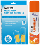 Combo Pack of Tata 1mg Pain Relief Spray (100gm) & Tata 1mg Medicated First Aid Dressing - Washproof, Bandages (20)
