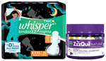 Combo Pack of Whisper Bindazzz Nights Pads XXXL (20 Each) & Vicks Zzz Quil Natural Melatonin Sleep Aid Nutraceutical Gummies (10 Each)