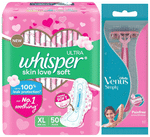 Combo Pack of Whisper Ultra Soft Sanitary Pads XL (50 Each) & Gillette Simply Venus
