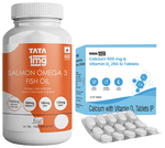 Combo Pack of Tata 1mg Salmon Omega 3 Fish Oil Capsule (60) & Tata 1mg Calcium 500mg & Vitamin D3 250IU Tablet (15)