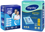 Combo Pack of Dignity Underpads 90cm x 60cm Mattey & Tata 1mg Adult Diaper Tape Style Large (10 Each)