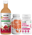 Combo Pack of Tata 1mg Women's Multivitamin Advanced Tablet (60),Salmon Omega 3 Fish Oil Capsule (60) & Organic Apple Cider Vinegar (500ml)