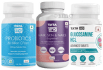 Combo Pack of Tata 1mg Glucosamine HCL 1500 mg Advanced Tablet (60) , Hair, Skin & Nails Supreme Capsule (60) & Probiotics 30 Billion CFUs+ Capsule (60)