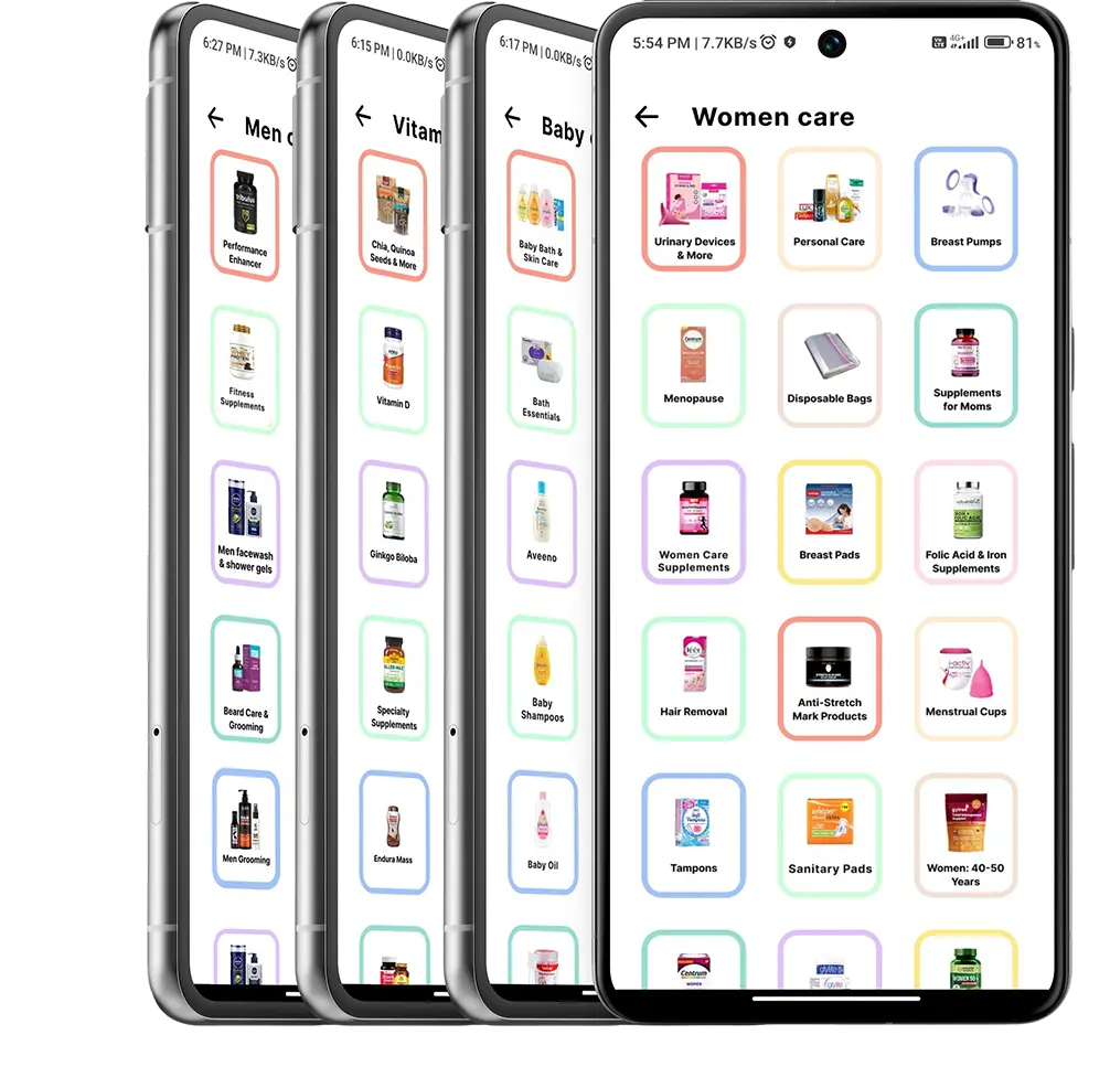 Medstown mobile app interface showing categories like Men care, Women care, Baby care, Vitamins and Supplements for easy online medicine order Now get instant meds