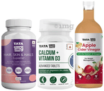 Combo Pack of Tata 1mg Calcium + Vitamin D3 Advanced Tablet (60), Hair, Skin & Nails Supreme Capsule (60) and Organic Apple Cider Vinegar (500ml)