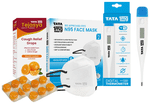 Combo Pack of Tata 1mg BIS Approved FFP2 N95 Mask - Head Loop, Premium Face Mask 6 Layers (2), Tata 1mg Tejasya Cough Relief Drops Orange (6) & Tata 1mg Digital Thermometer