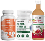 Combo Pack of Tata 1mg Calcium + Vitamin D3 Advanced Tablet (60), Salmon Omega 3 Fish Oil Capsule (60) and Organic Apple Cider Vinegar (500ml)