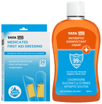 Combo Pack of Tata 1mg Medicated First Aid Dressing - Washproof, Bandages (20) & Tata 1mg Antiseptic Liquid (100ml)