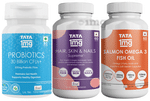 Combo Pack of Tata 1mg Salmon Omega 3 Fish Oil Capsule (60), Hair, Skin & Nails Supreme Biotin Capsule (60) & Probiotics 30 Billion CFUs+ Capsule (60)