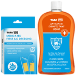 Combo Pack of Tata 1mg Medicated First Aid Dressing - Washproof, Bandages (50) & Tata 1mg Antiseptic Liquid (500ml)