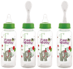 BeeBaby 2 in 1 Gentle Slim Neck Baby Feeding Bottle with Anti - Colic Gentle Touch Silicone Nipple and Feeder Spoon 8 Months + (250ml Each) Green