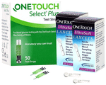 Combo Pack of OneTouch Select Plus Test Strip (50) & 2 Boxes of OneTouch Ultrasoft Lancets (25 Each)