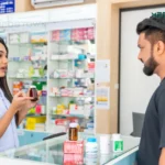 a woman holding a bottle of medicine
