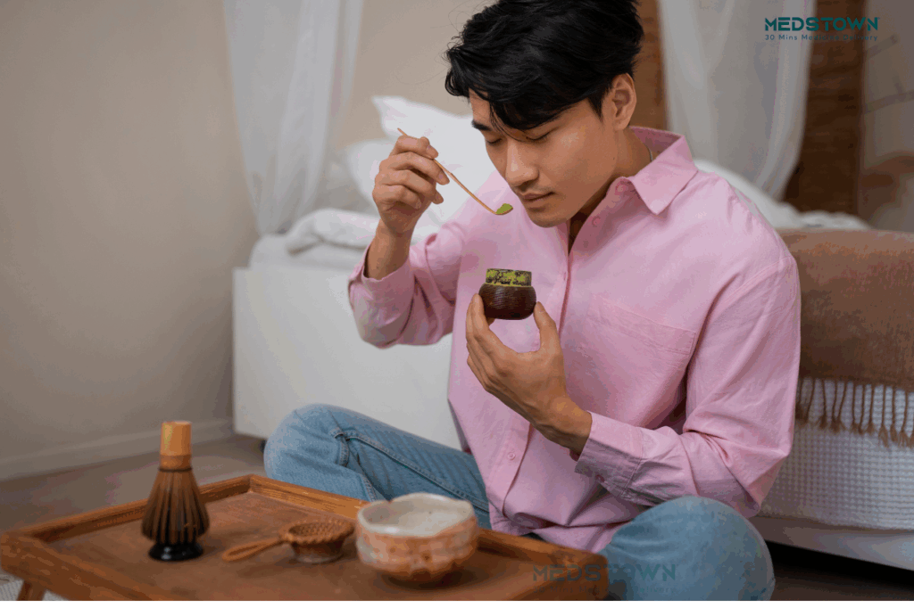 Man enjoying a meal at home.