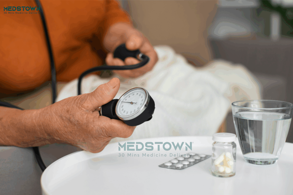 Measuring blood pressure at home.