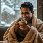 Person wrapped in blanket, enjoying drink.