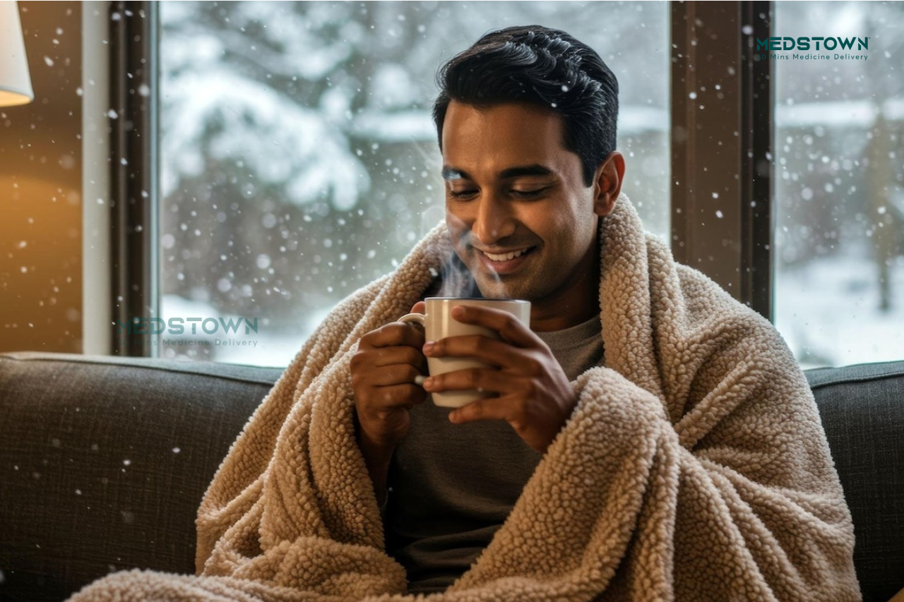 Person wrapped in blanket, enjoying drink.