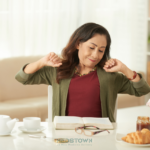 Person stretching at a table.