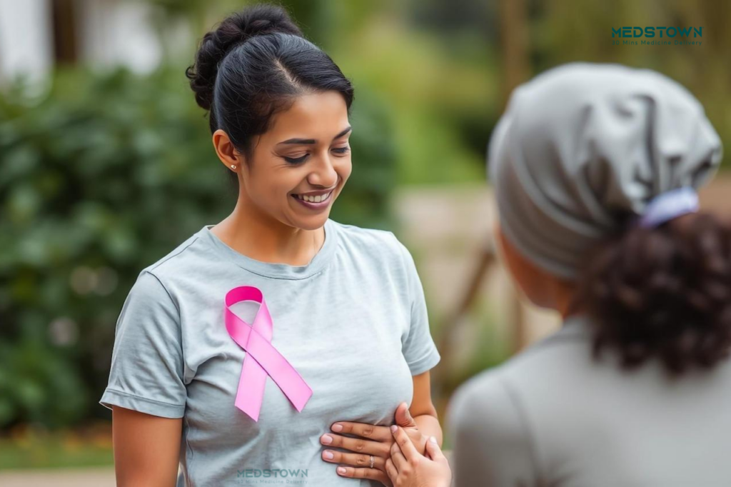 Medstown- Two women discussing with pink ribbon.