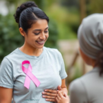 Medstown- Two women discussing with pink ribbon.